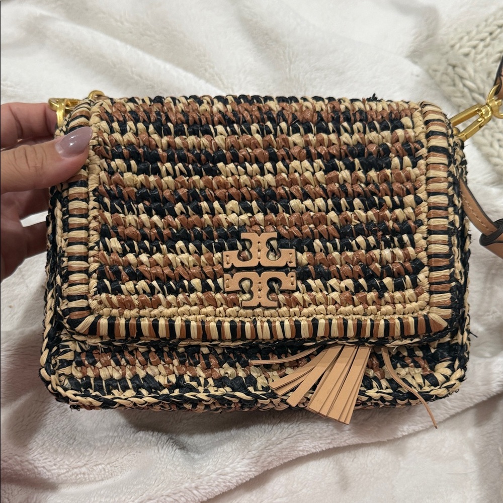 Tory Burch Tan and Black Woven Crossbody Bag